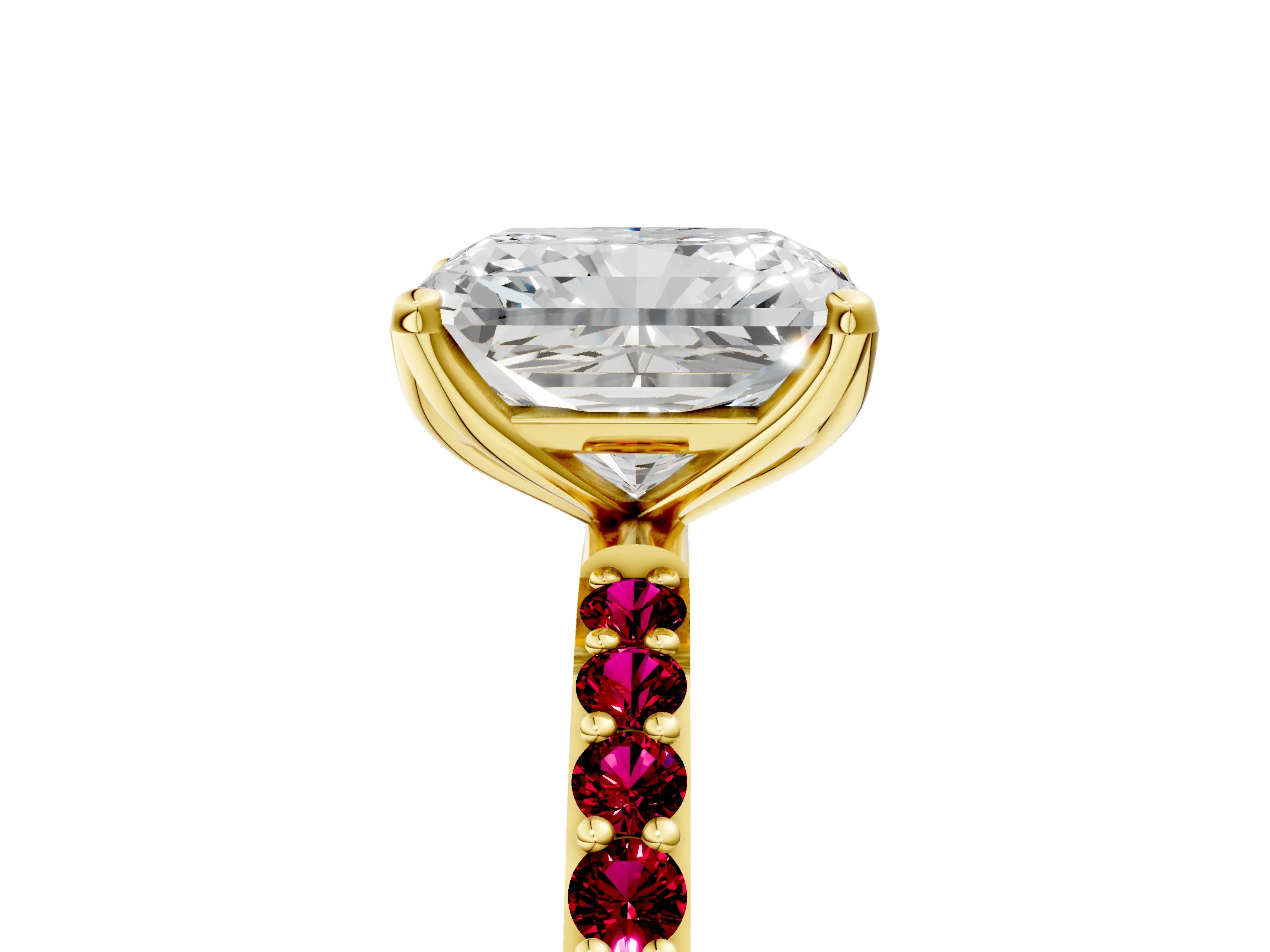 Yellow gold Radiant Cut Diamond Solitaire Engagement Ring with Round with Garnet side stone Pavé Band and Prong Setting_5