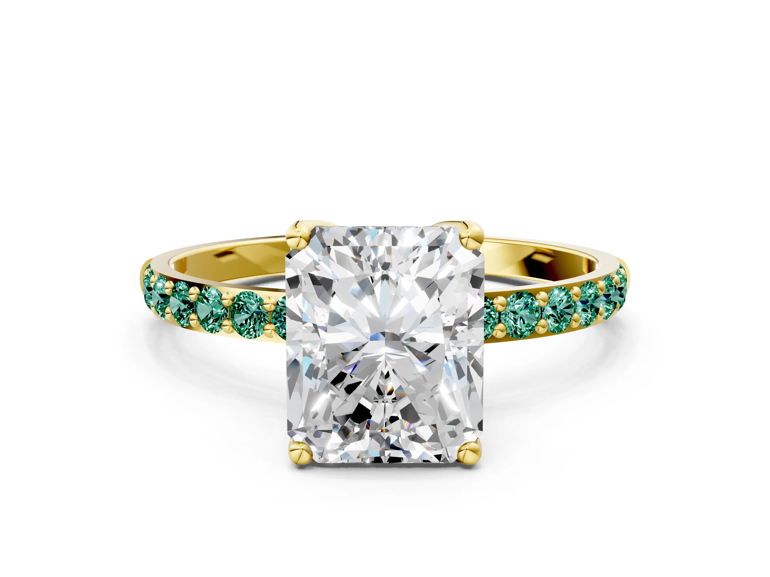 Yellow gold Radiant Cut Diamond Solitaire Engagement Ring with Round with Green Sapphire side stone Pavé Band and Prong Setting