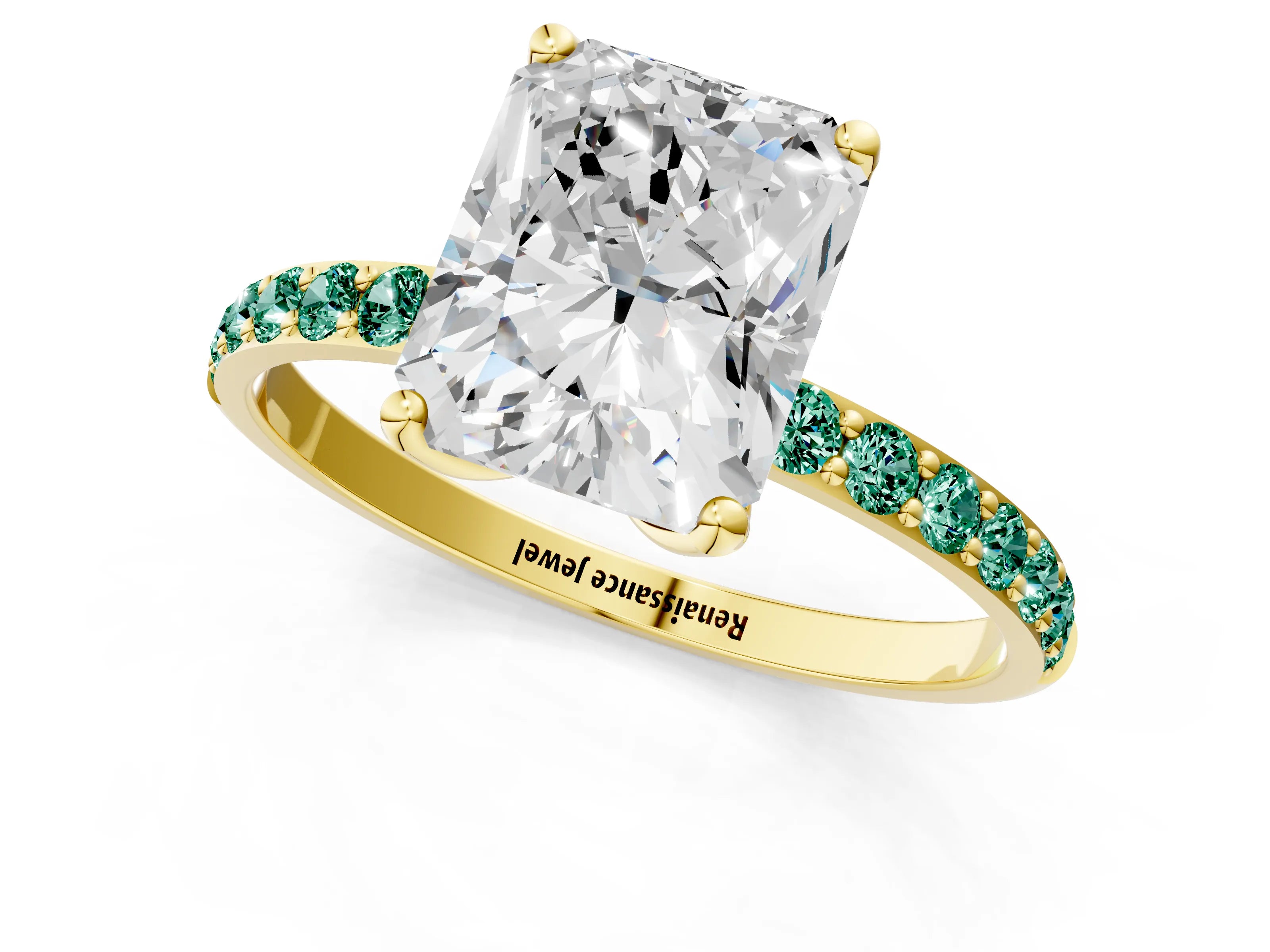 Yellow gold Radiant Cut Diamond Solitaire Engagement Ring with Round with Green Sapphire side stone Pavé Band and Prong Setting_1