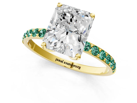 Yellow gold Radiant Cut Diamond Solitaire Engagement Ring with Round with Green Sapphire side stone Pavé Band and Prong Setting_1