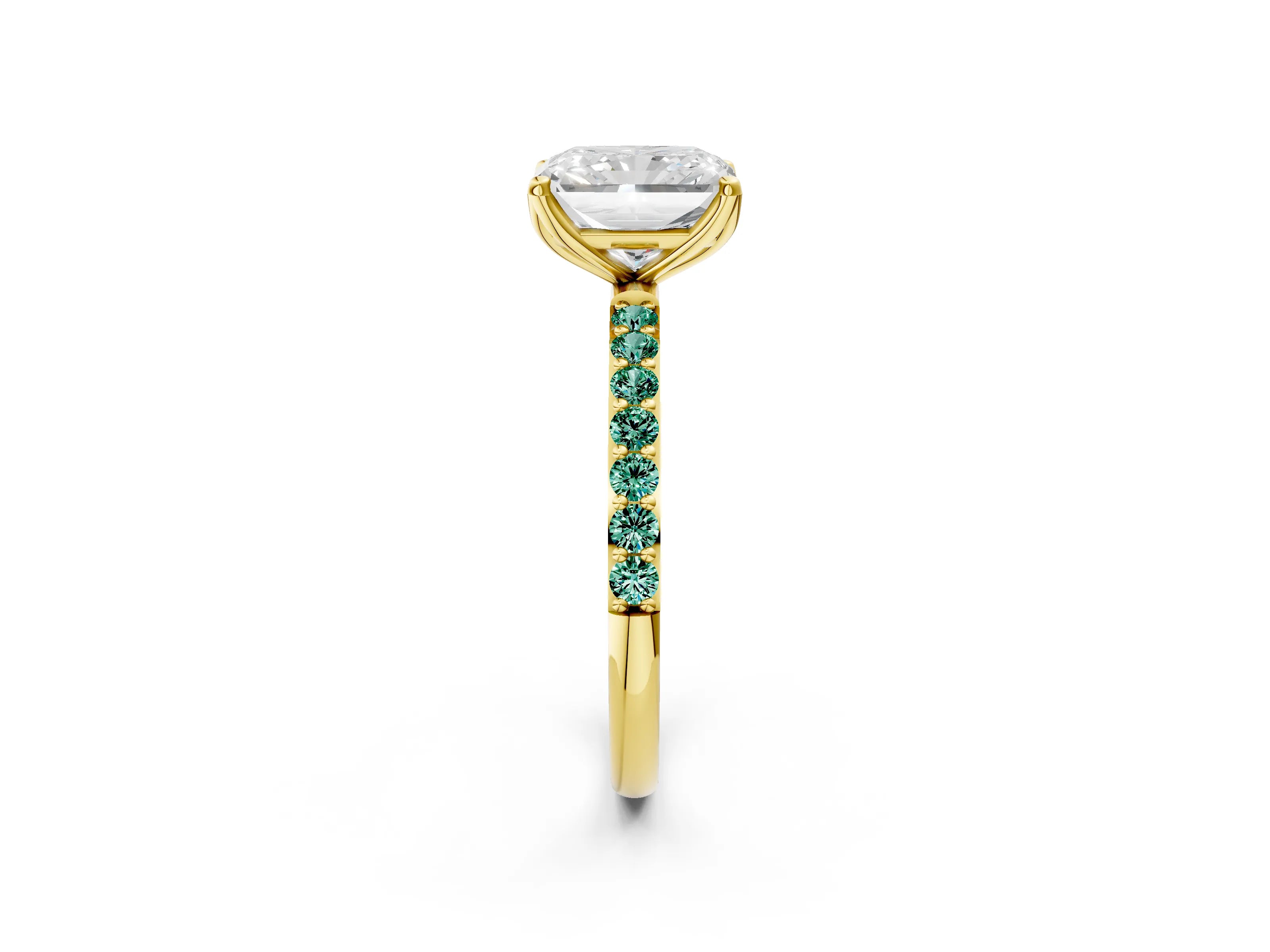 Yellow gold Radiant Cut Diamond Solitaire Engagement Ring with Round with Green Sapphire side stone Pavé Band and Prong Setting_2