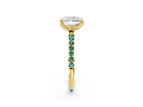 Yellow gold Radiant Cut Diamond Solitaire Engagement Ring with Round with Green Sapphire side stone Pavé Band and Prong Setting_2