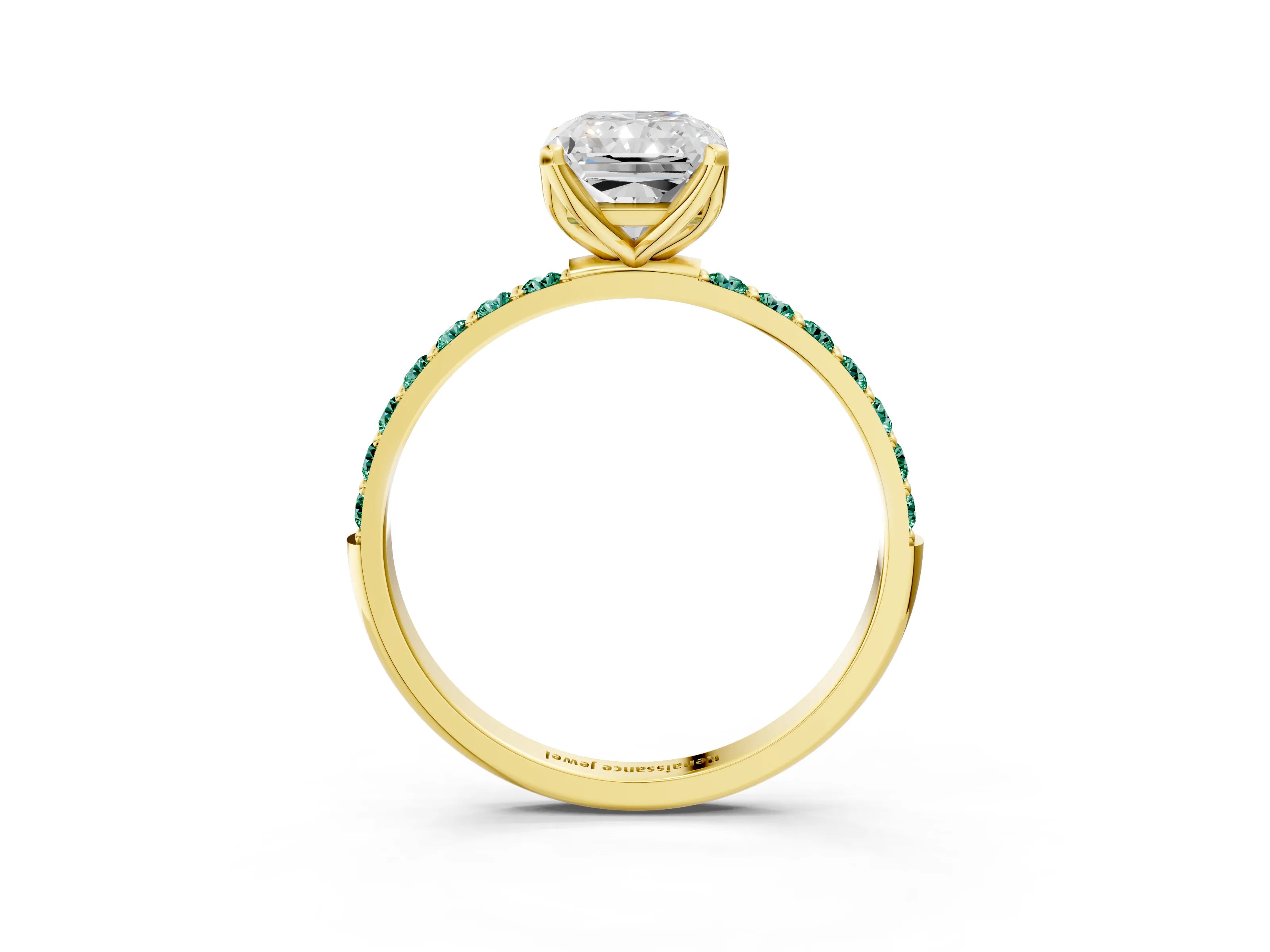 Yellow gold Radiant Cut Diamond Solitaire Engagement Ring with Round with Green Sapphire side stone Pavé Band and Prong Setting_3