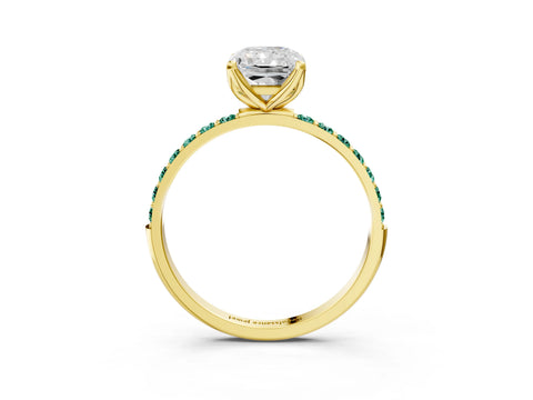Yellow gold Radiant Cut Diamond Solitaire Engagement Ring with Round with Green Sapphire side stone Pavé Band and Prong Setting_3