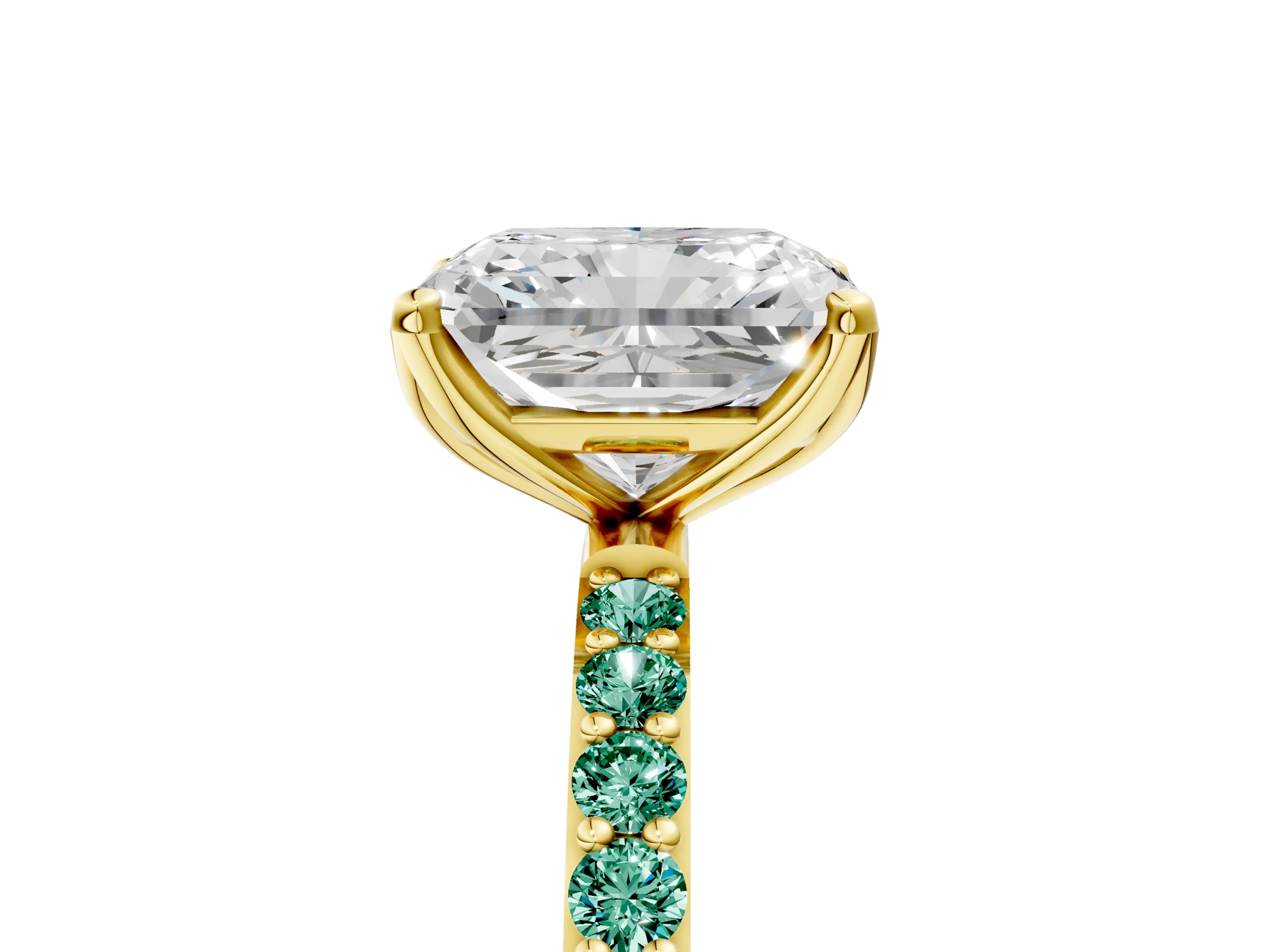 Yellow gold Radiant Cut Diamond Solitaire Engagement Ring with Round with Green Sapphire side stone Pavé Band and Prong Setting_5