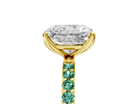 Yellow gold Radiant Cut Diamond Solitaire Engagement Ring with Round with Green Sapphire side stone Pavé Band and Prong Setting_5