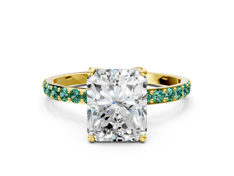Yellow gold Radiant Cut Diamond Solitaire Engagement Ring with Round with Green Sapphire side stone Pavé Band and Prong Setting