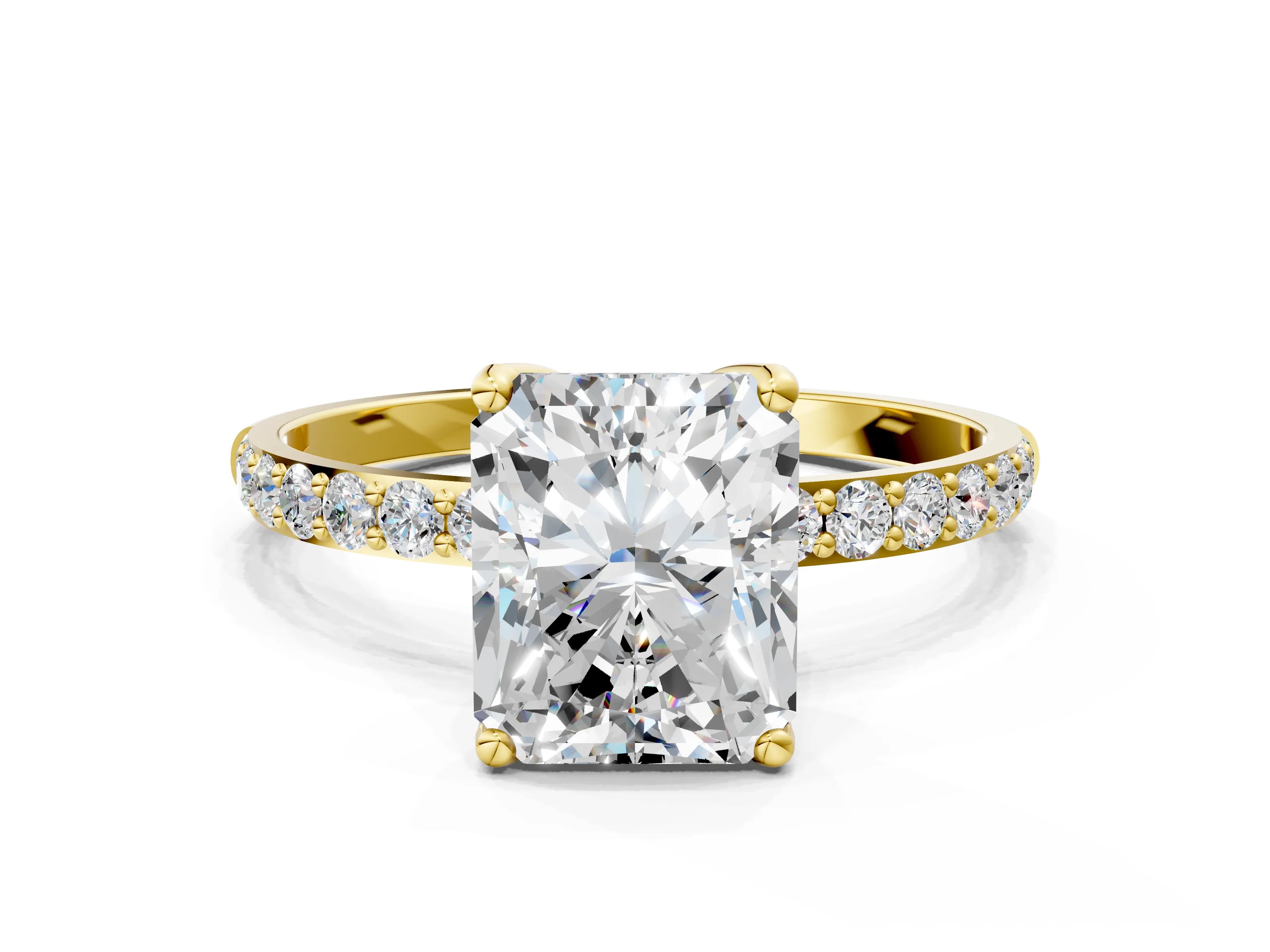Yellow gold Radiant Cut Diamond Solitaire Engagement Ring with Round with Moissanite side stone Pavé Band and Prong Setting