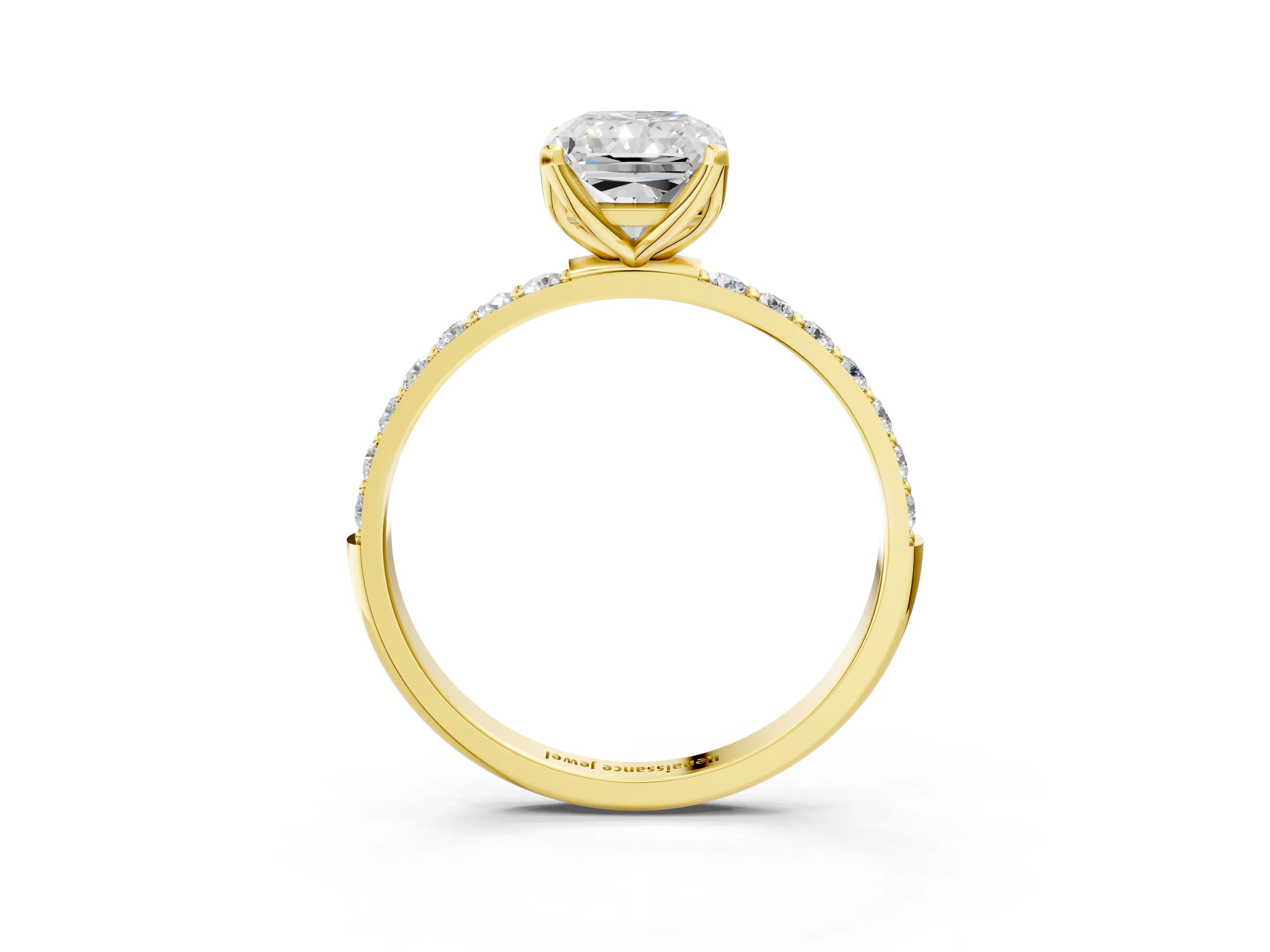Yellow gold Radiant Cut Diamond Solitaire Engagement Ring with Round with Moissanite side stone Pavé Band and Prong Setting_3