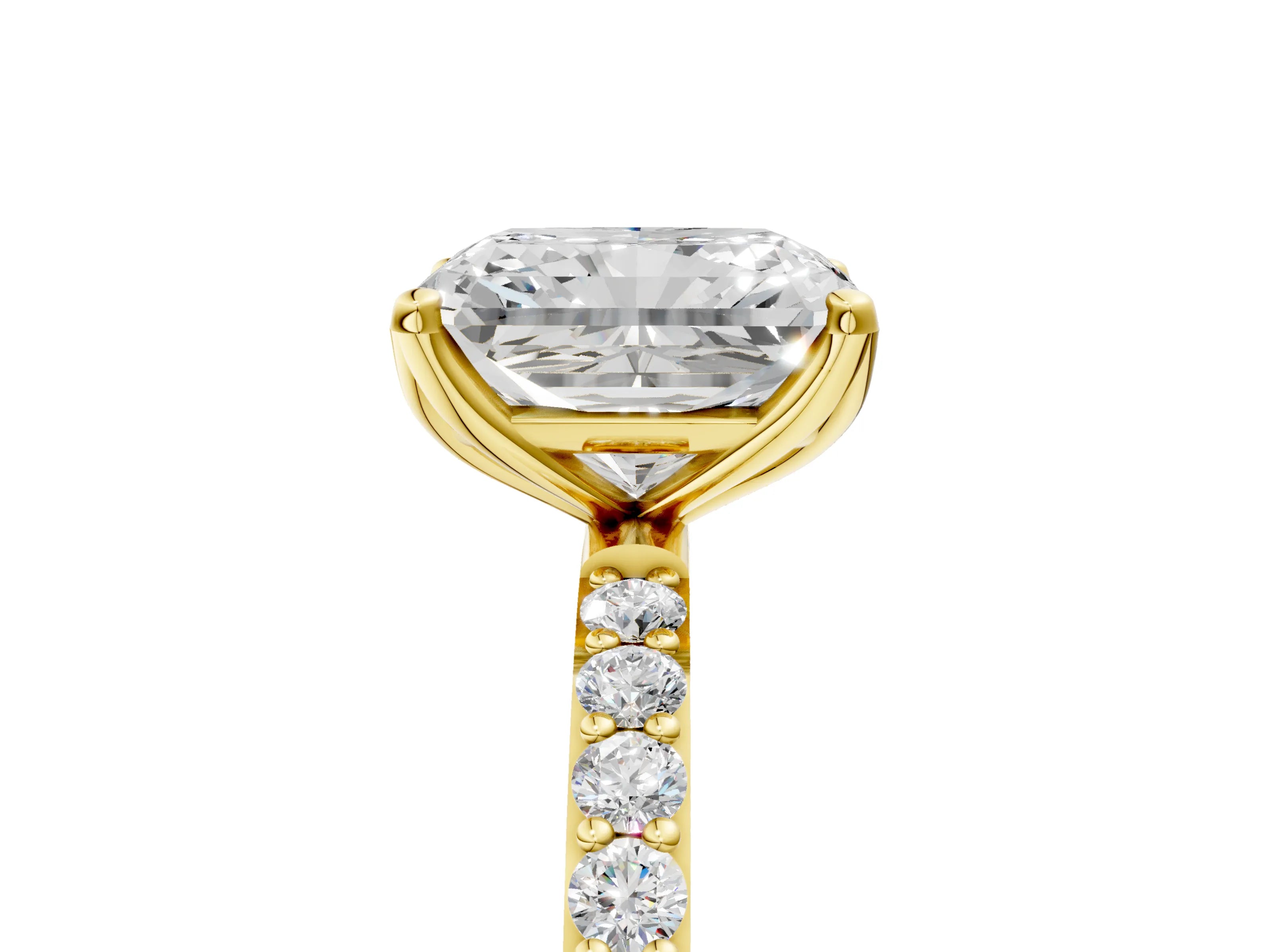 Yellow gold Radiant Cut Diamond Solitaire Engagement Ring with Round with Moissanite side stone Pavé Band and Prong Setting_5