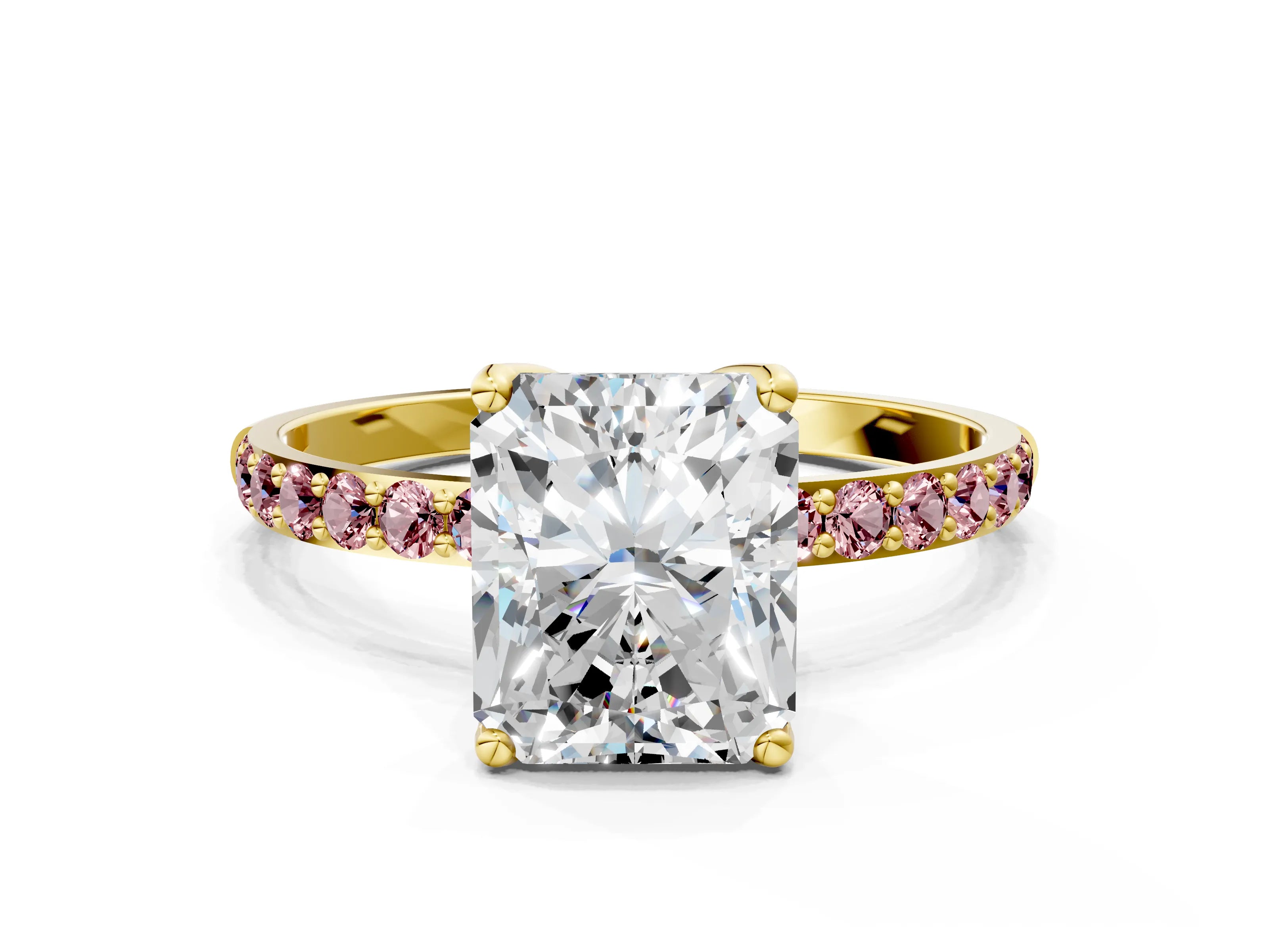 Yellow gold Radiant Cut Diamond Solitaire Engagement Ring with Round with Morganite side stone Pavé Band and Prong Setting
