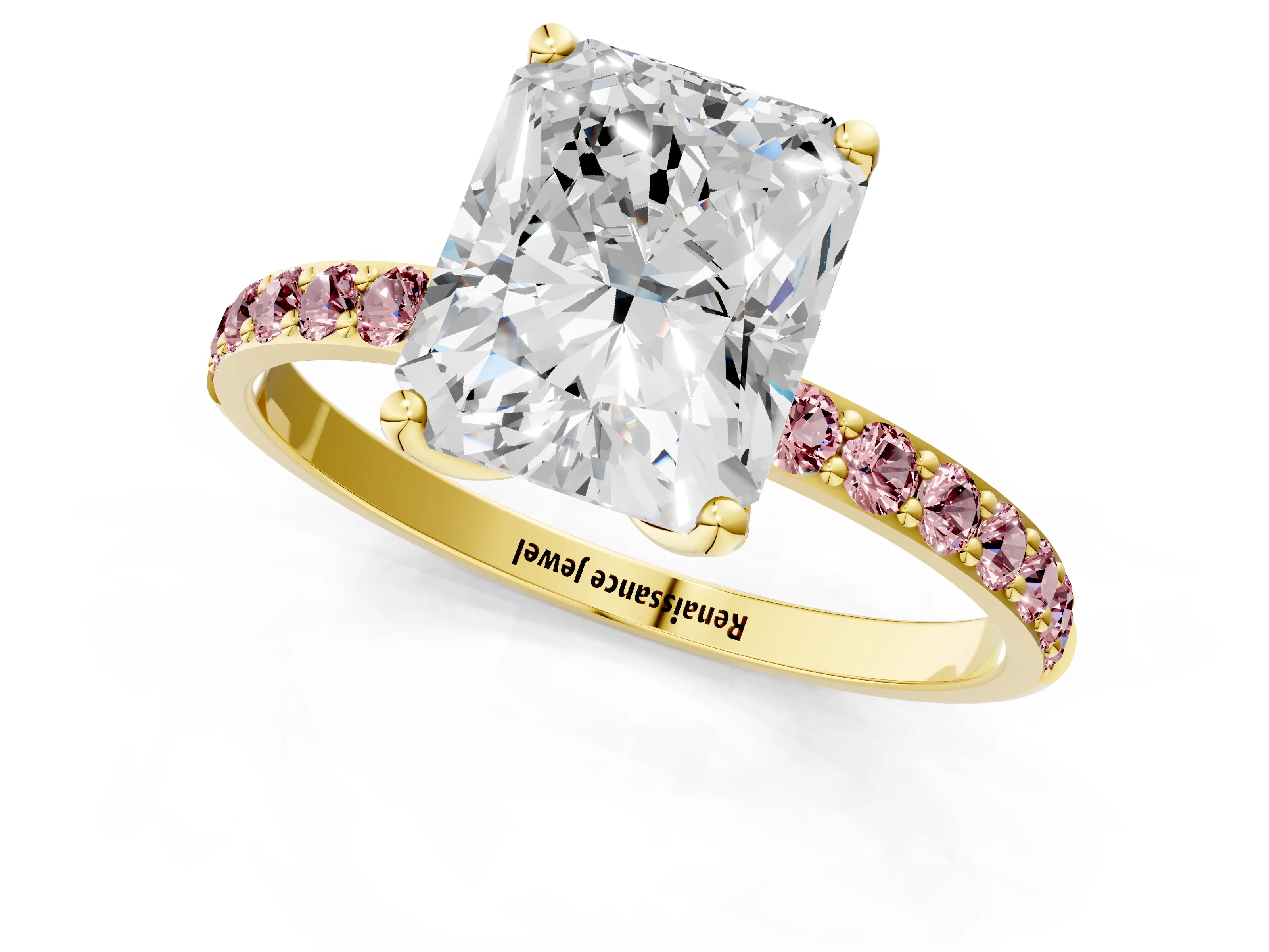 Yellow gold Radiant Cut Diamond Solitaire Engagement Ring with Round with Morganite side stone Pavé Band and Prong Setting_1