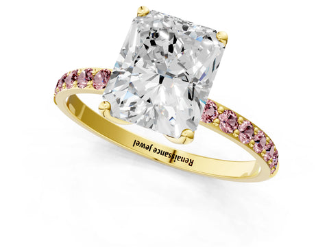 Yellow gold Radiant Cut Diamond Solitaire Engagement Ring with Round with Morganite side stone Pavé Band and Prong Setting_1