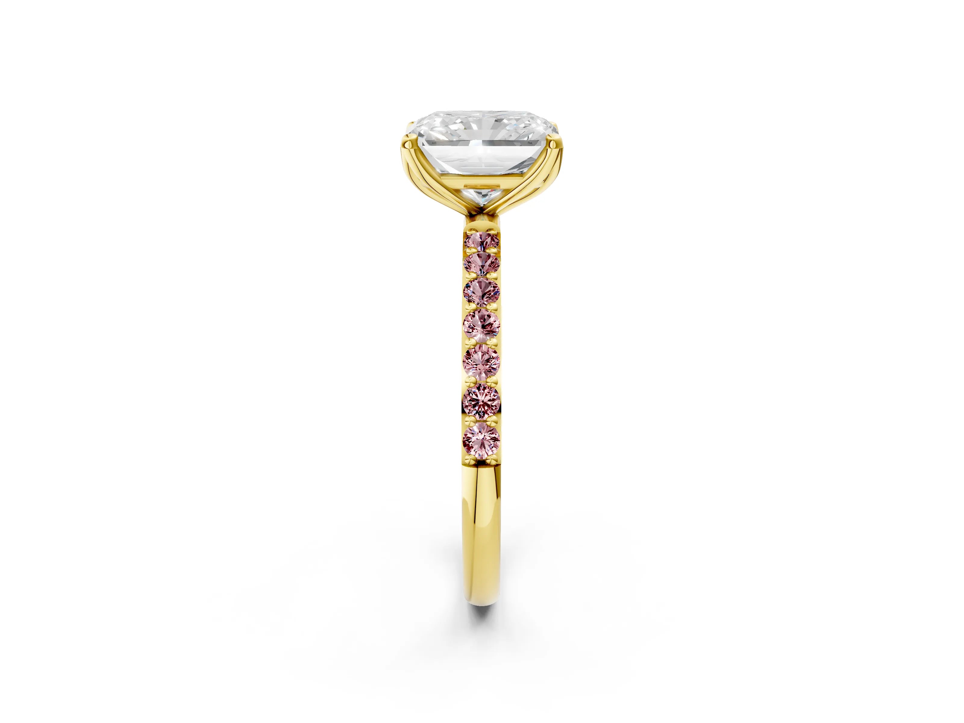 Yellow gold Radiant Cut Diamond Solitaire Engagement Ring with Round with Morganite side stone Pavé Band and Prong Setting_2