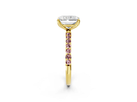 Yellow gold Radiant Cut Diamond Solitaire Engagement Ring with Round with Morganite side stone Pavé Band and Prong Setting_2