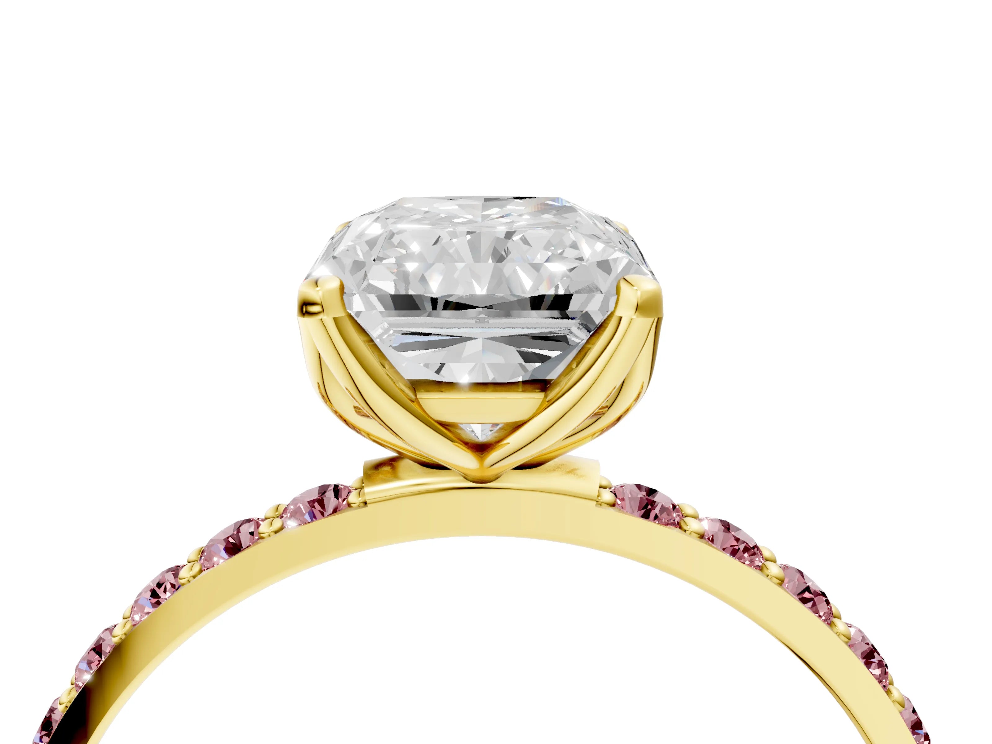 Yellow gold Radiant Cut Diamond Solitaire Engagement Ring with Round with Morganite side stone Pavé Band and Prong Setting_4