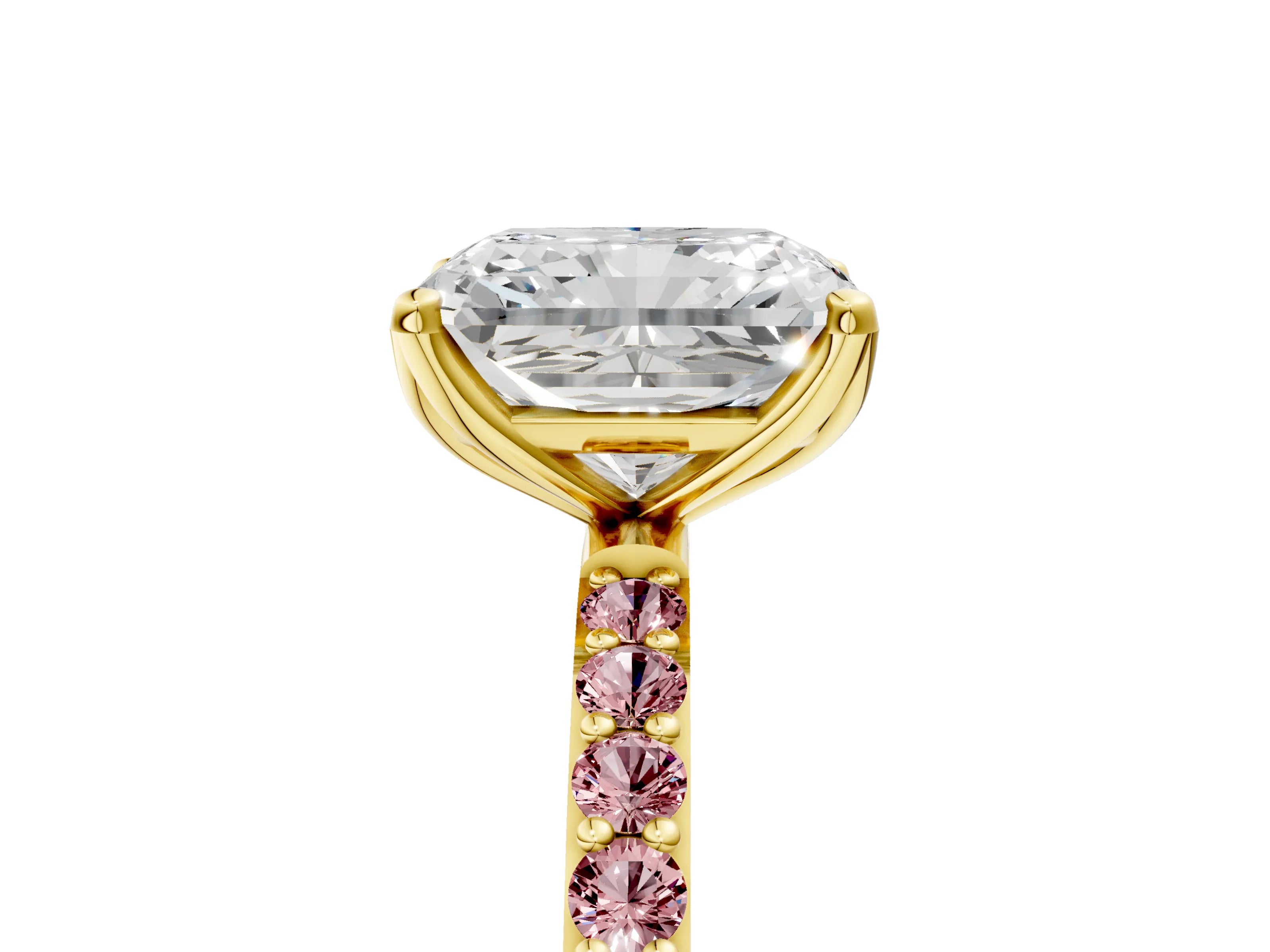 Yellow gold Radiant Cut Diamond Solitaire Engagement Ring with Round with Morganite side stone Pavé Band and Prong Setting_5
