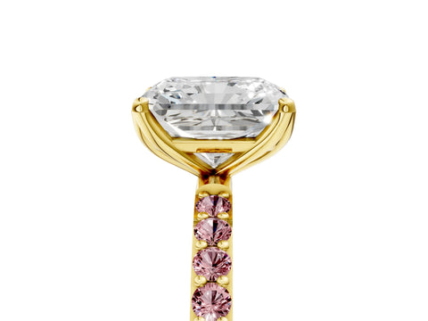 Yellow gold Radiant Cut Diamond Solitaire Engagement Ring with Round with Morganite side stone Pavé Band and Prong Setting_5