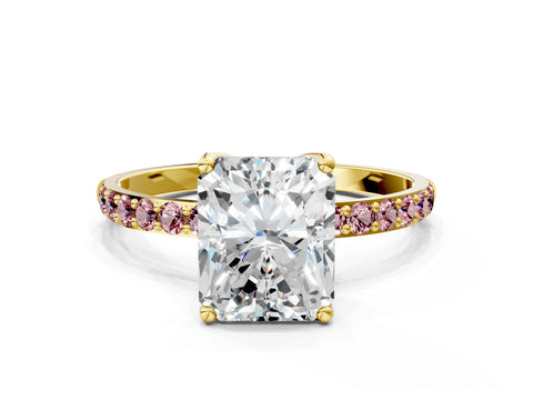 Yellow gold Radiant Cut Diamond Solitaire Engagement Ring with Round with Morganite side stone Pavé Band and Prong Setting
