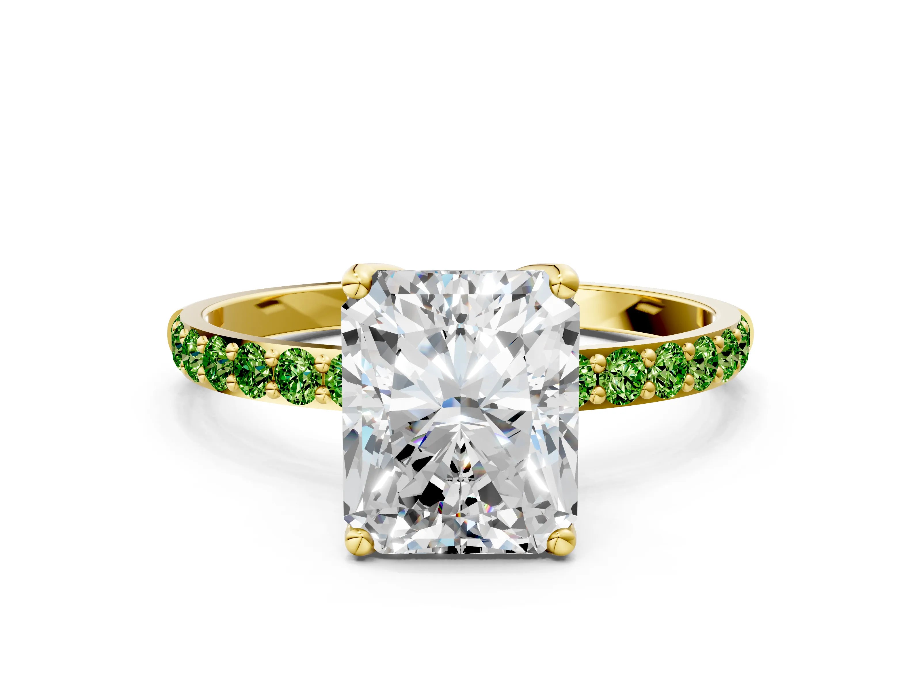 Yellow gold Radiant Cut Diamond Solitaire Engagement Ring with Round with Peridot side stone Pavé Band and Prong Setting