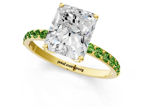 Yellow gold Radiant Cut Diamond Solitaire Engagement Ring with Round with Peridot side stone Pavé Band and Prong Setting_1