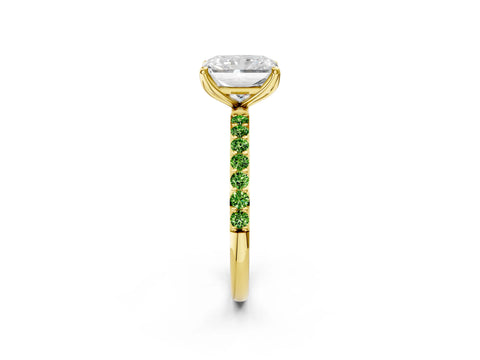 Yellow gold Radiant Cut Diamond Solitaire Engagement Ring with Round with Peridot side stone Pavé Band and Prong Setting_2