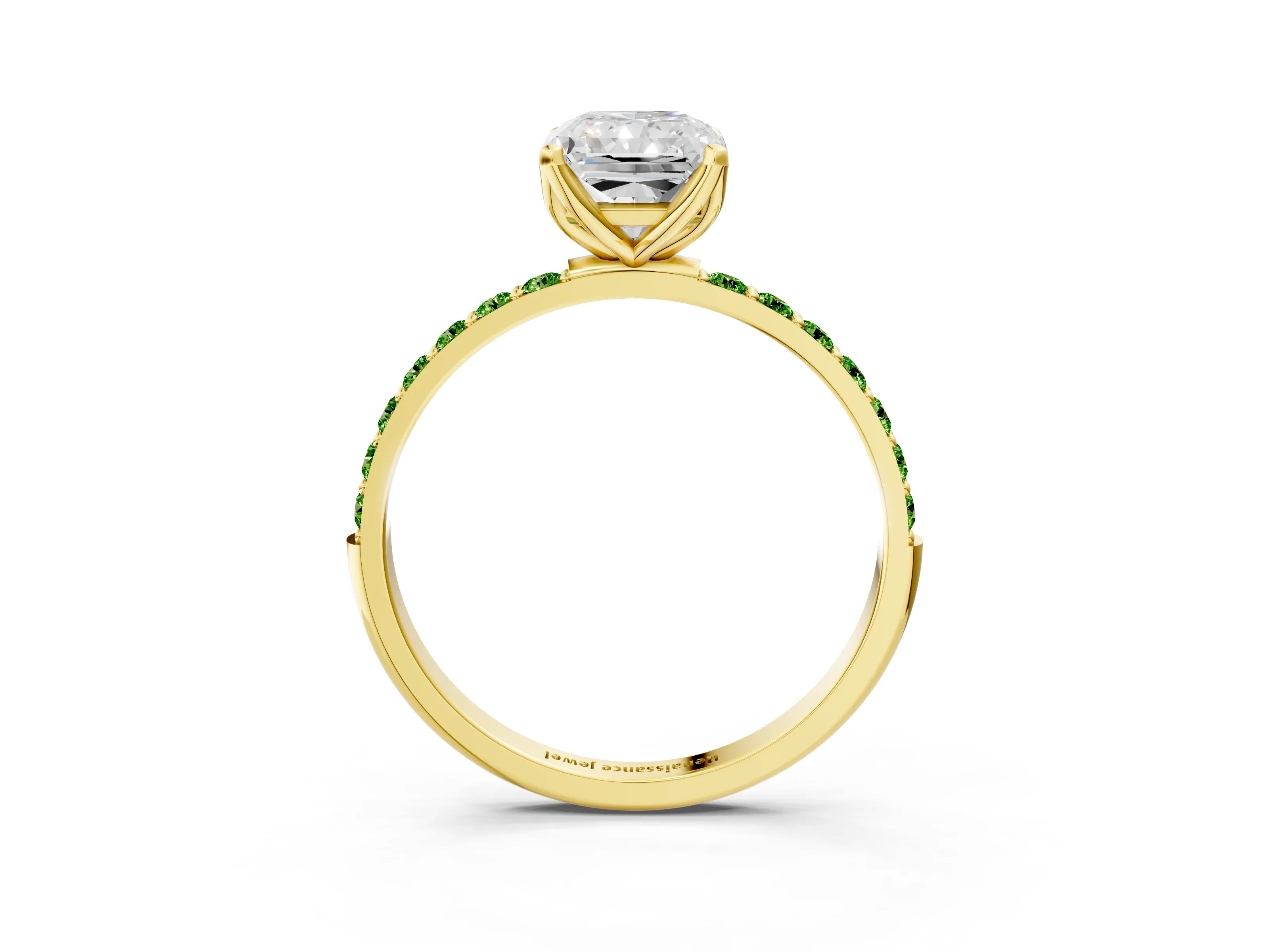 Yellow gold Radiant Cut Diamond Solitaire Engagement Ring with Round with Peridot side stone Pavé Band and Prong Setting_3