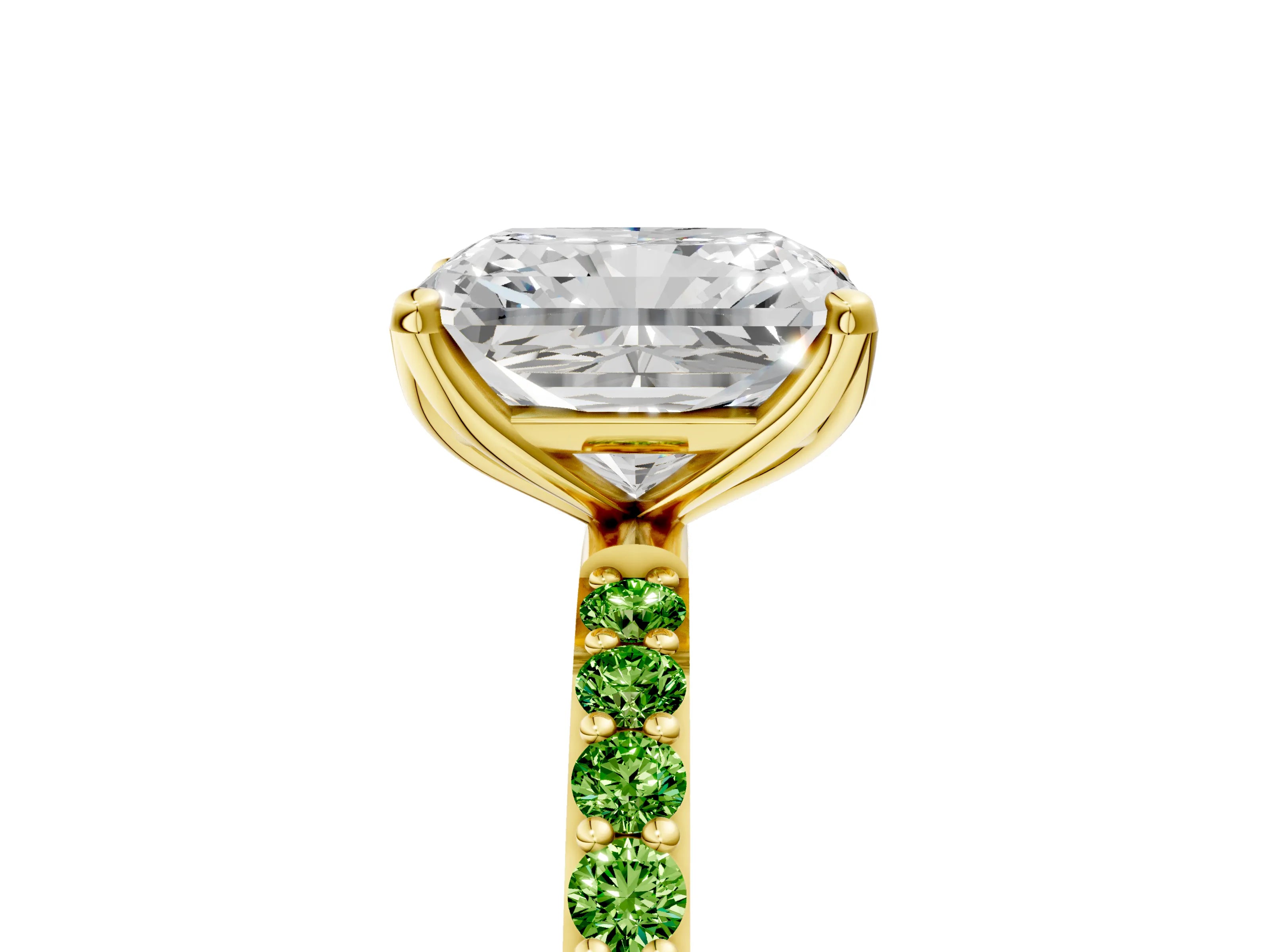 Yellow gold Radiant Cut Diamond Solitaire Engagement Ring with Round with Peridot side stone Pavé Band and Prong Setting_5