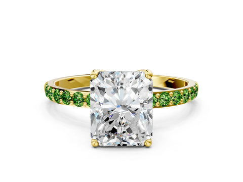Yellow gold Radiant Cut Diamond Solitaire Engagement Ring with Round with Peridot side stone Pavé Band and Prong Setting