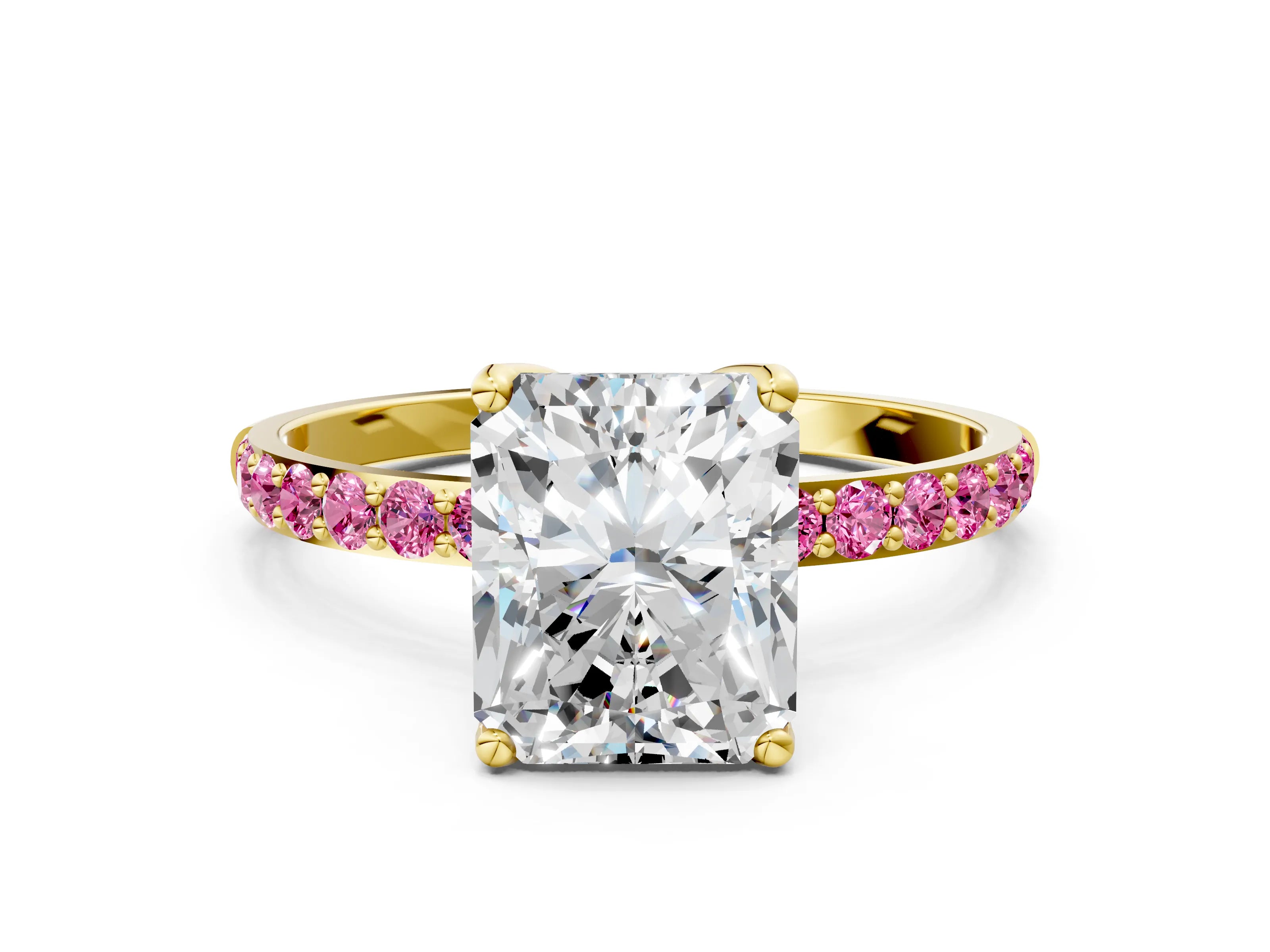 Yellow gold Radiant Cut Diamond Solitaire Engagement Ring with Round with Pink Sapphire side stone Pavé Band and Prong Setting