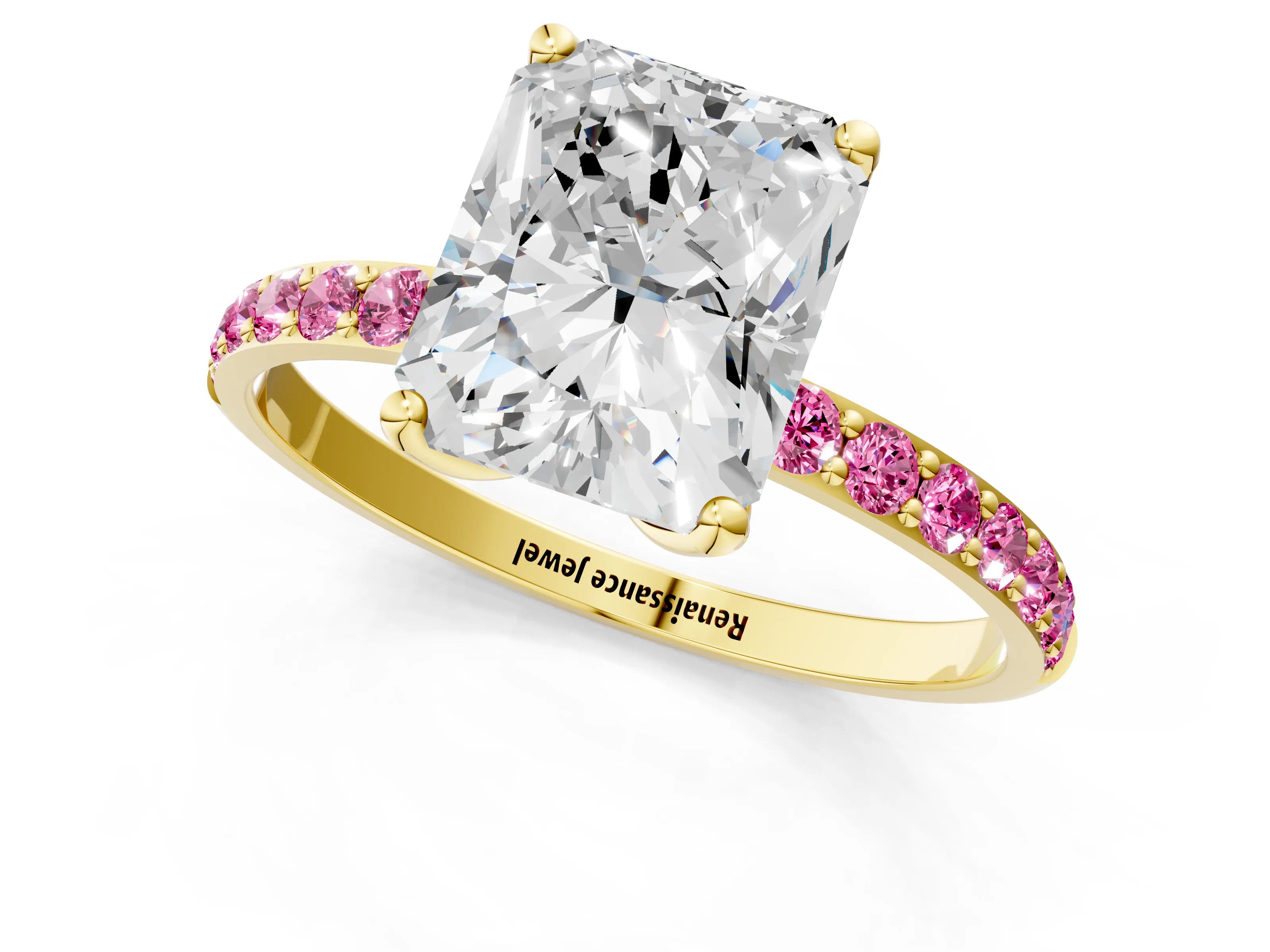 Yellow gold Radiant Cut Diamond Solitaire Engagement Ring with Round with Pink Sapphire side stone Pavé Band and Prong Setting_1
