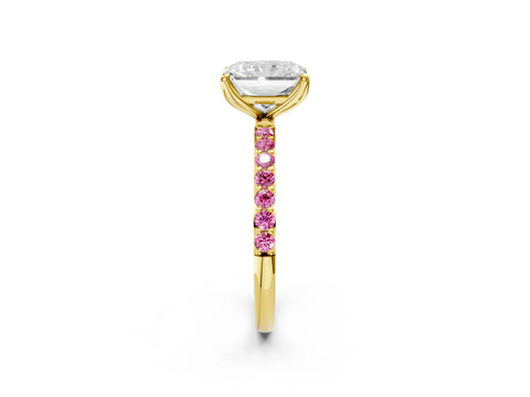Yellow gold Radiant Cut Diamond Solitaire Engagement Ring with Round with Pink Sapphire side stone Pavé Band and Prong Setting_2