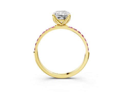 Yellow gold Radiant Cut Diamond Solitaire Engagement Ring with Round with Pink Sapphire side stone Pavé Band and Prong Setting_3