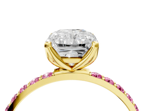 Yellow gold Radiant Cut Diamond Solitaire Engagement Ring with Round with Pink Sapphire side stone Pavé Band and Prong Setting_4