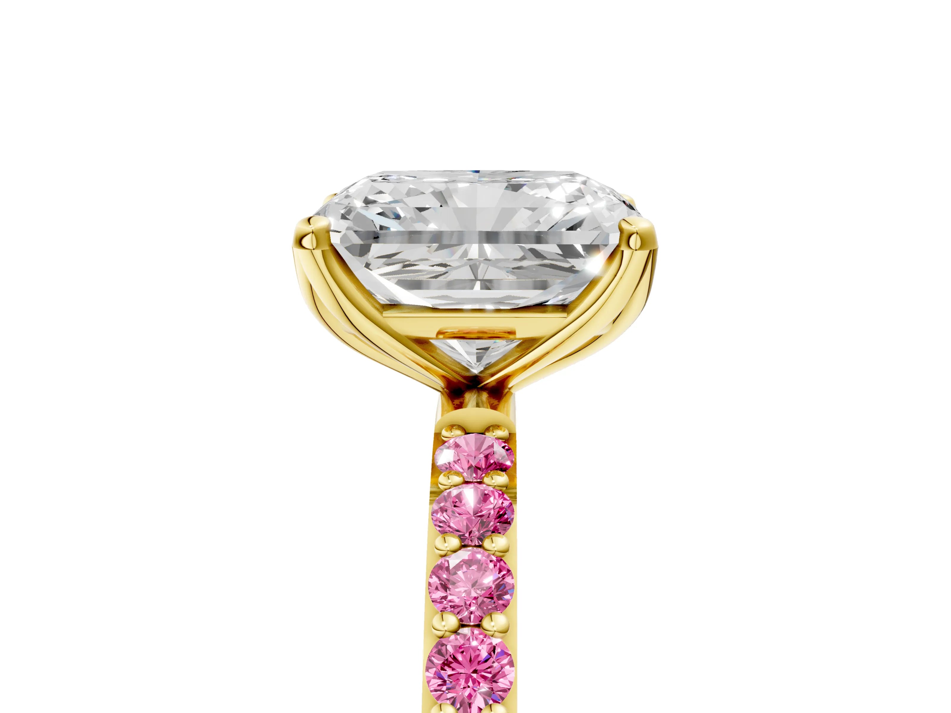 Yellow gold Radiant Cut Diamond Solitaire Engagement Ring with Round with Pink Sapphire side stone Pavé Band and Prong Setting_5