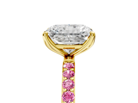 Yellow gold Radiant Cut Diamond Solitaire Engagement Ring with Round with Pink Sapphire side stone Pavé Band and Prong Setting_5