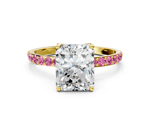 Yellow gold Radiant Cut Diamond Solitaire Engagement Ring with Round with Pink Sapphire side stone Pavé Band and Prong Setting