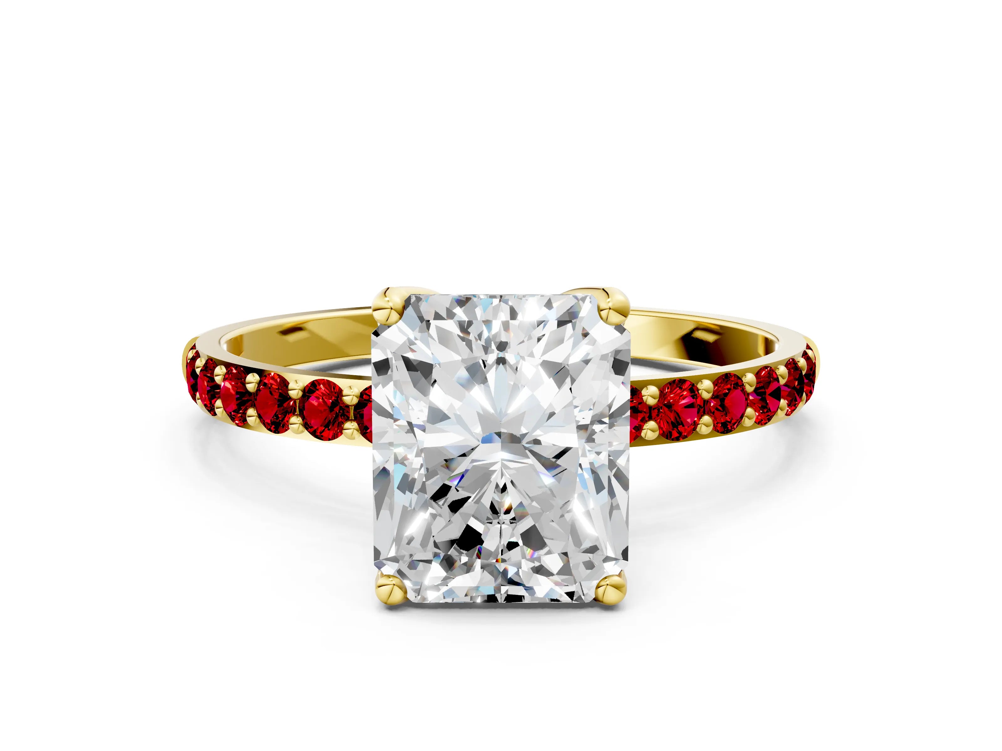 Yellow gold Radiant Cut Diamond Solitaire Engagement Ring with Round with Ruby side stone Pavé Band and Prong Setting