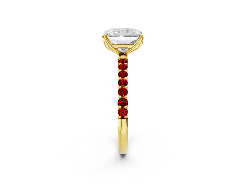 Yellow gold Radiant Cut Diamond Solitaire Engagement Ring with Round with Ruby side stone Pavé Band and Prong Setting_2