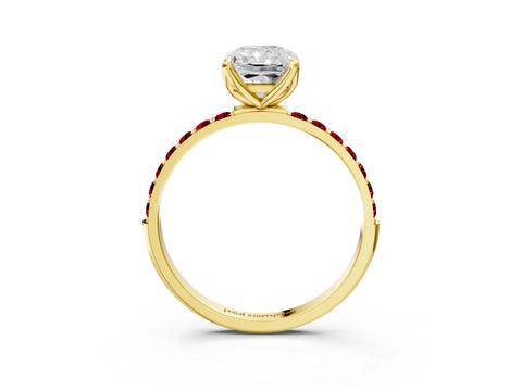 Yellow gold Radiant Cut Diamond Solitaire Engagement Ring with Round with Ruby side stone Pavé Band and Prong Setting_3