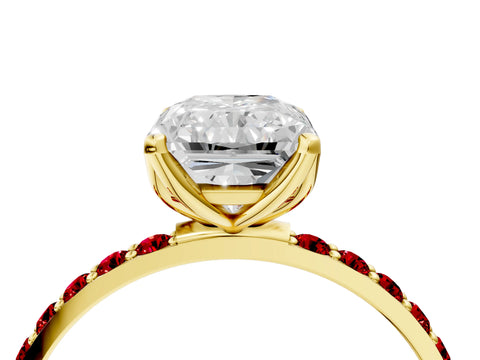 Yellow gold Radiant Cut Diamond Solitaire Engagement Ring with Round with Ruby side stone Pavé Band and Prong Setting_4