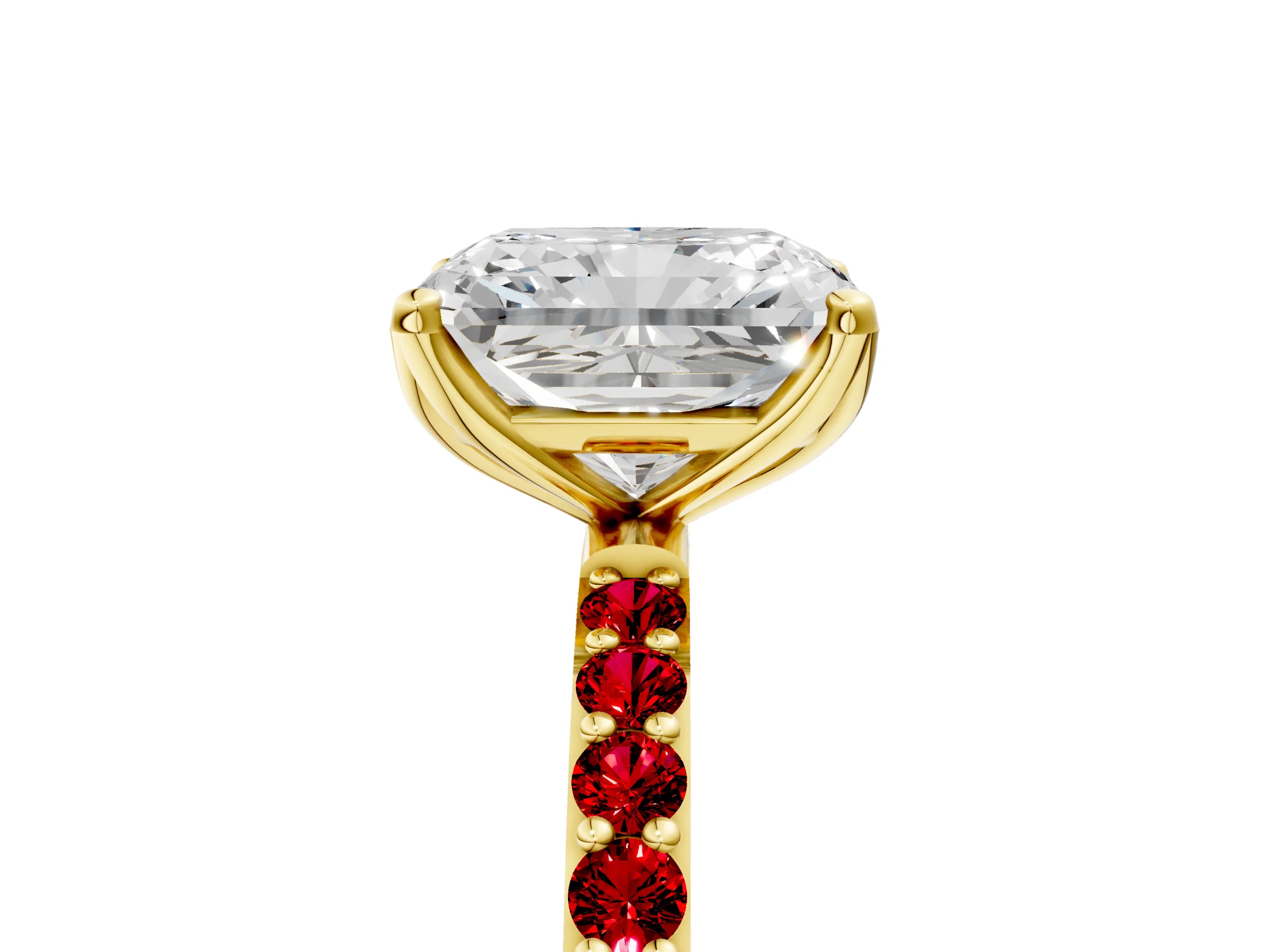 Yellow gold Radiant Cut Diamond Solitaire Engagement Ring with Round with Ruby side stone Pavé Band and Prong Setting_5