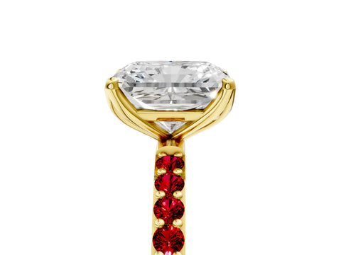 Yellow gold Radiant Cut Diamond Solitaire Engagement Ring with Round with Ruby side stone Pavé Band and Prong Setting_5