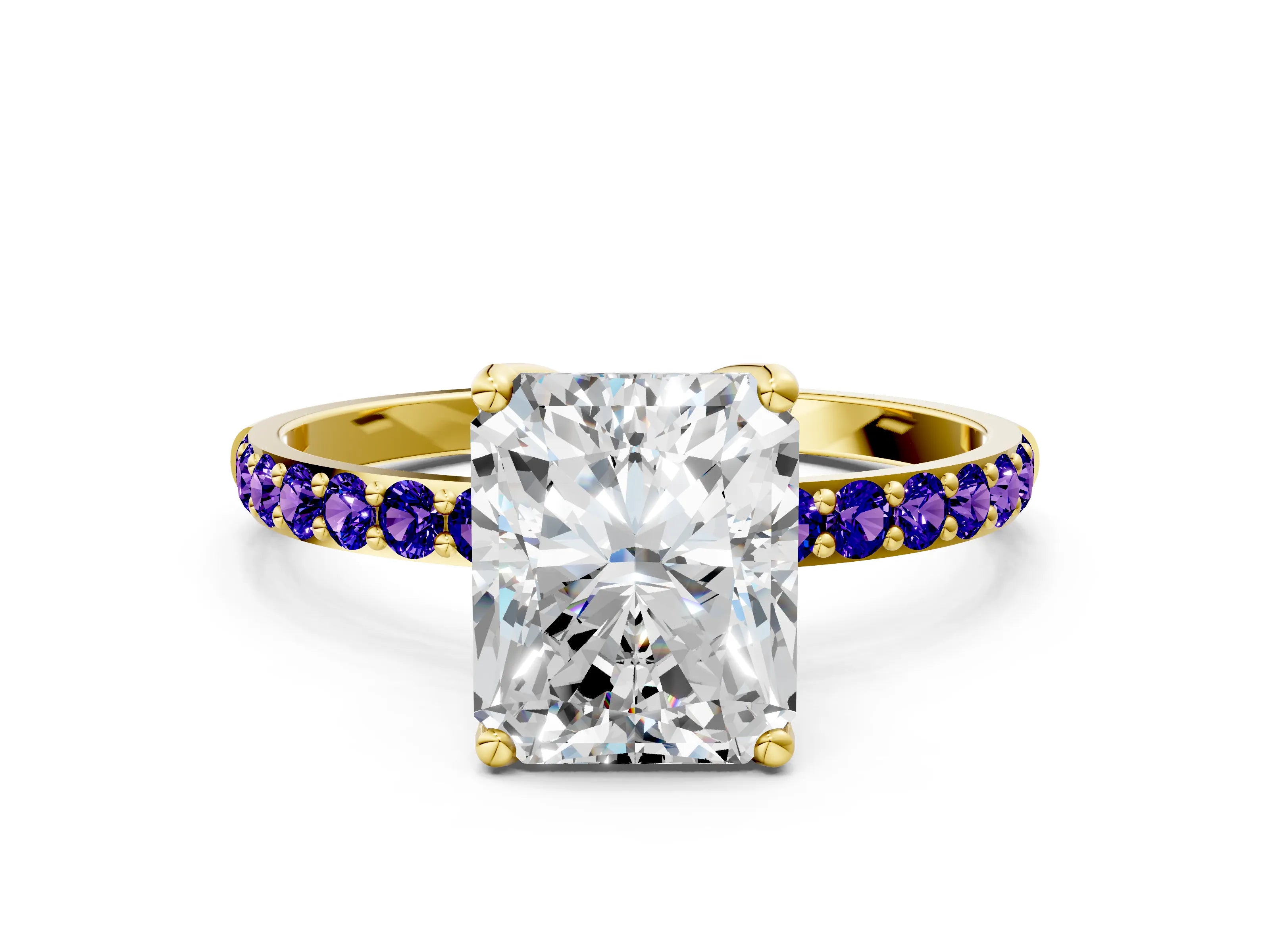 Yellow gold Radiant Cut Diamond Solitaire Engagement Ring with Round with Tanzanite side stone Pavé Band and Prong Setting