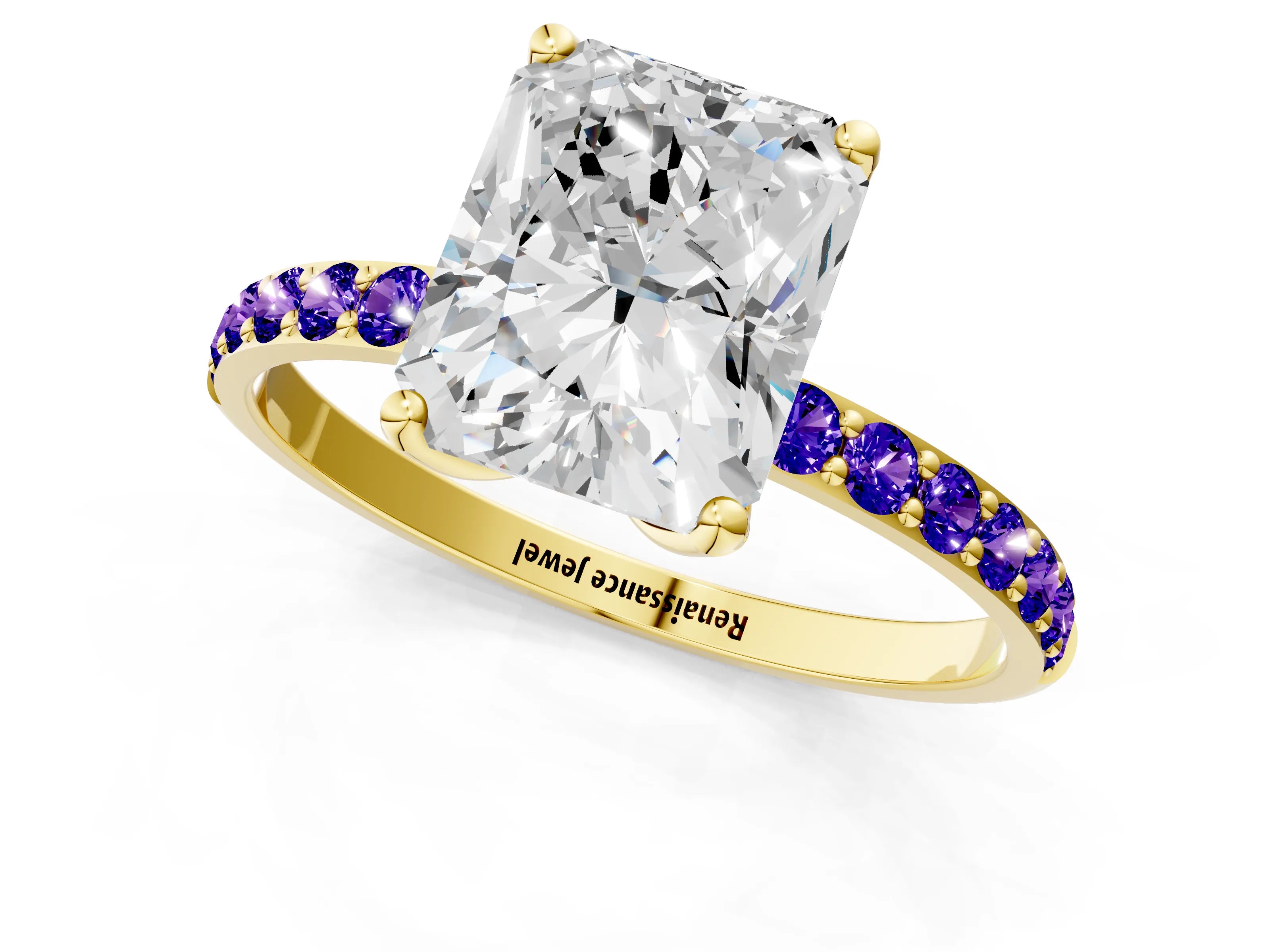 Yellow gold Radiant Cut Diamond Solitaire Engagement Ring with Round with Tanzanite side stone Pavé Band and Prong Setting_1