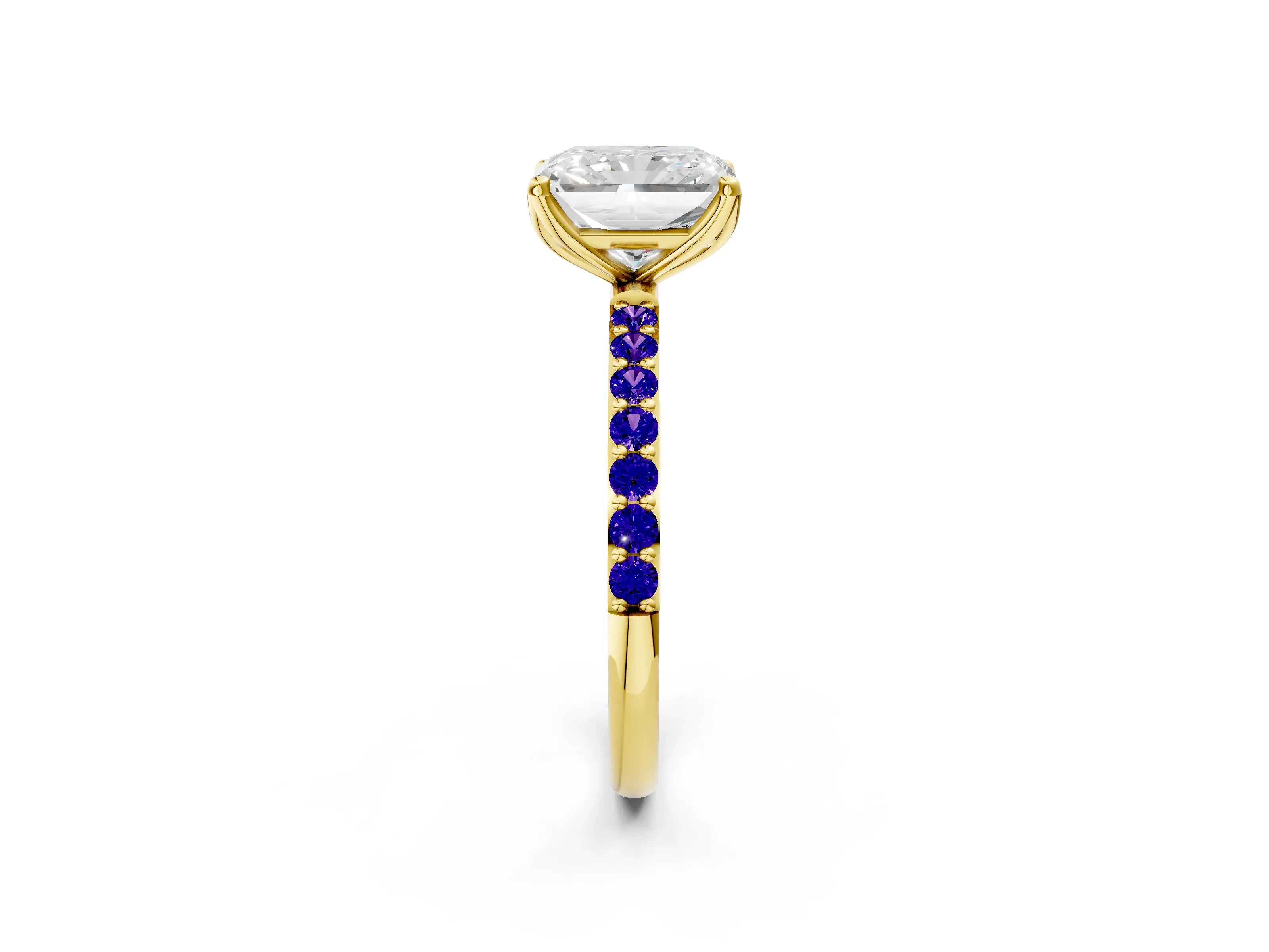Yellow gold Radiant Cut Diamond Solitaire Engagement Ring with Round with Tanzanite side stone Pavé Band and Prong Setting_2