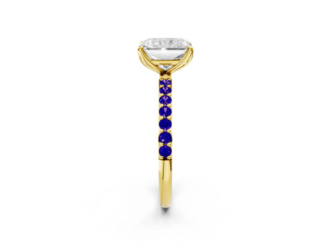 Yellow gold Radiant Cut Diamond Solitaire Engagement Ring with Round with Tanzanite side stone Pavé Band and Prong Setting_2