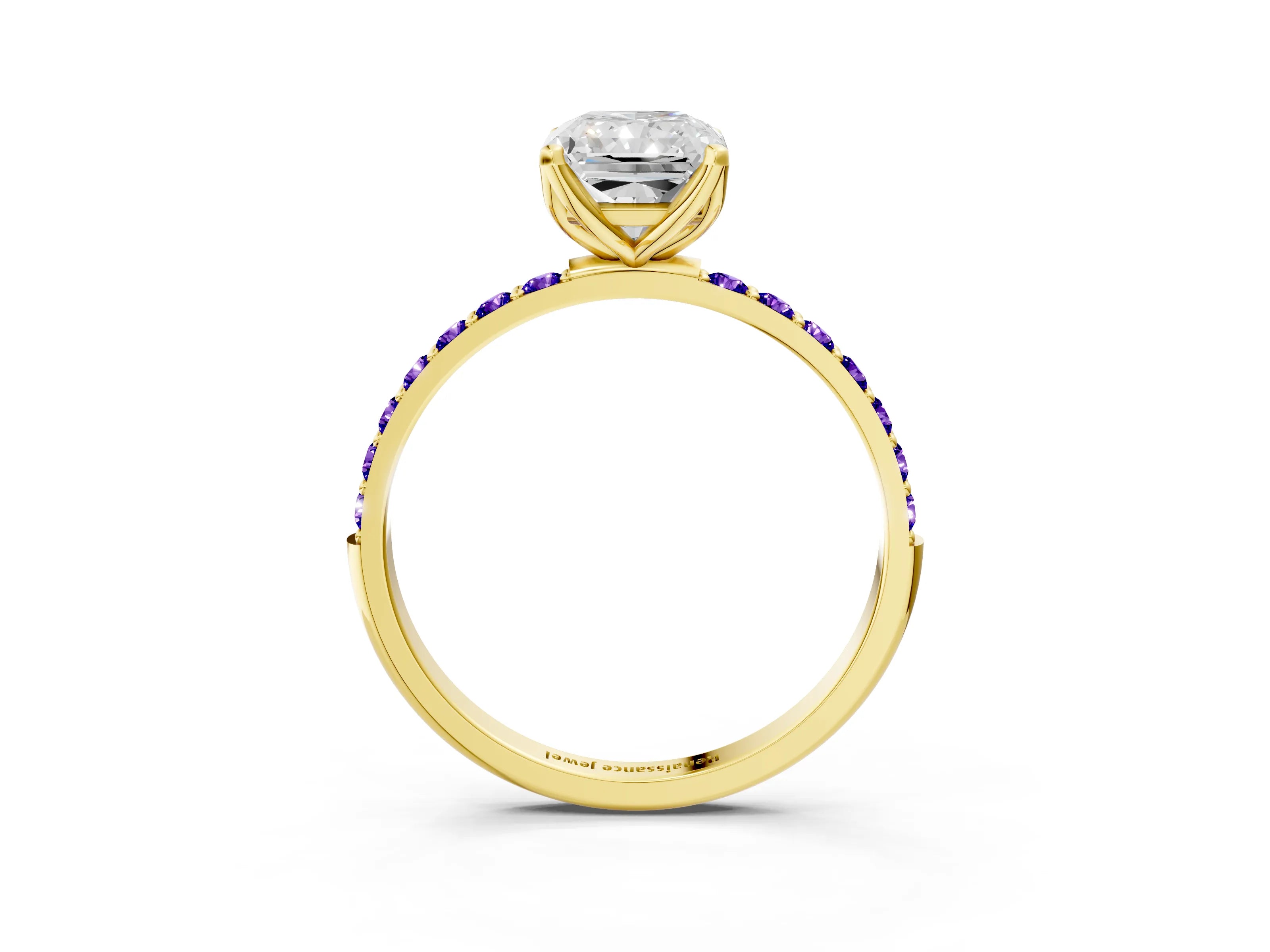 Yellow gold Radiant Cut Diamond Solitaire Engagement Ring with Round with Tanzanite side stone Pavé Band and Prong Setting_3