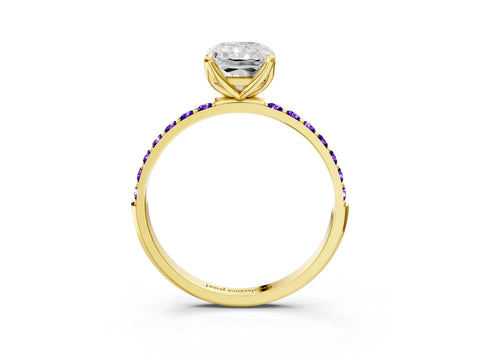 Yellow gold Radiant Cut Diamond Solitaire Engagement Ring with Round with Tanzanite side stone Pavé Band and Prong Setting_3