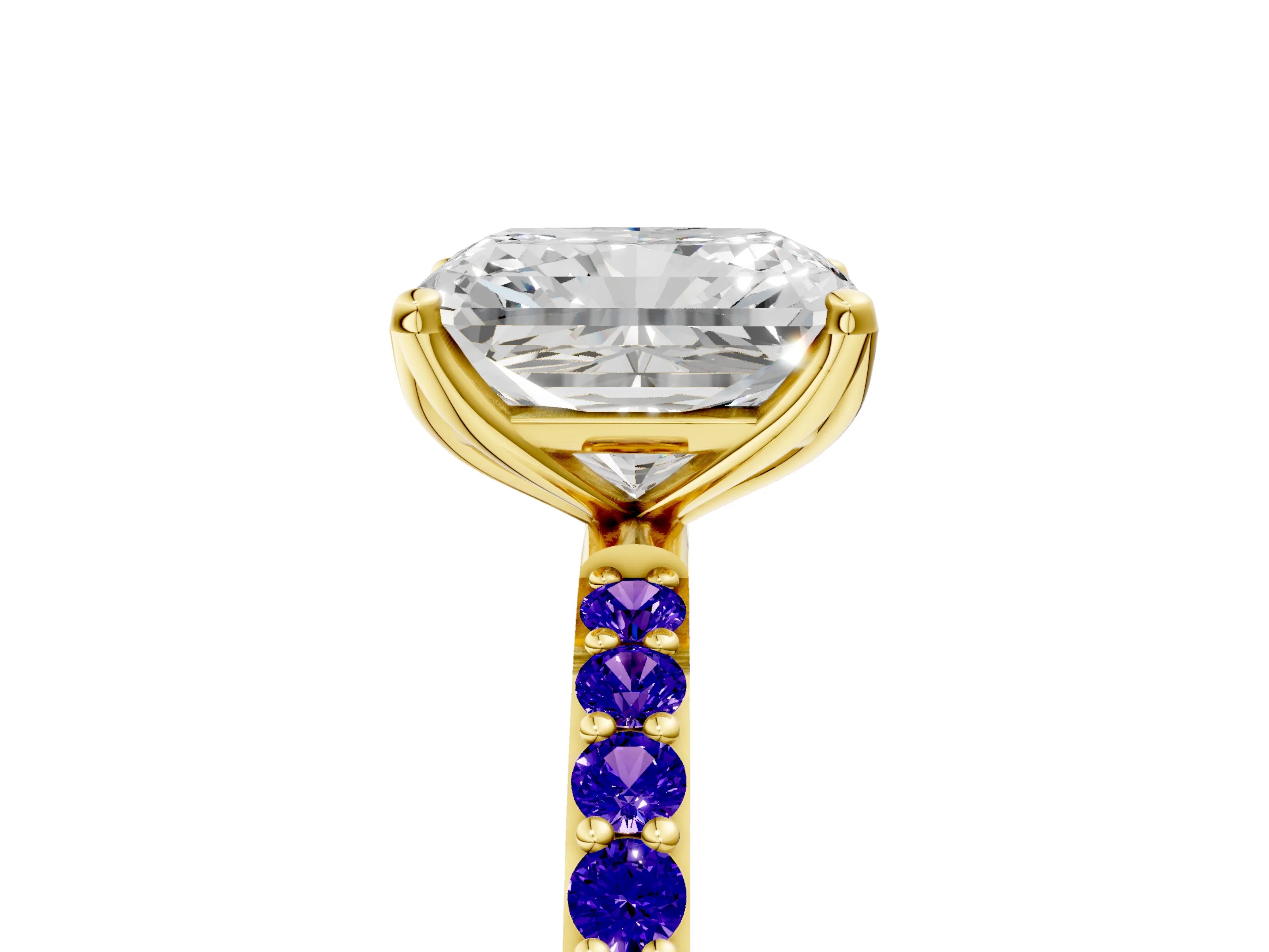 Yellow gold Radiant Cut Diamond Solitaire Engagement Ring with Round with Tanzanite side stone Pavé Band and Prong Setting_5